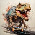 A satisfied Tyrannosaurus rex rides a watercolor skateboard Royalty Free Stock Photo