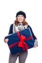 Satisfied woman with big gift looking up Royalty Free Stock Photo