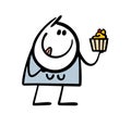 Satisfied woman is holding a cake with cream in her hand, licking her lips in anticipation. Vector illustration of a