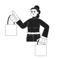 Satisfied woman with shopping bags monochromatic flat vector character