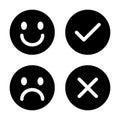 Satisfy, disappoint, checkmark, and cross mark icon vector. Expression face review. Smile, sad, check and x sign symbol