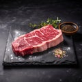 Satisfy your taste buds with this savory and delectable top view of a raw wagyu A5 steak on a slate with salt, AI