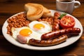 A satisfying breakfast plate featuring eggs, sausages, and beans on a white plate, A traditional English breakfast with eggs,