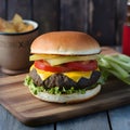 Satisfying burger meal with cheese, tomato, and bun Royalty Free Stock Photo