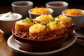 Satisfying chili bowl with cornbread and sour cream in ultra wide angle view at dusk