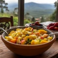 fruit salad in a large ceramic serving bowl