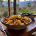 fruit salad in a large ceramic serving bowl