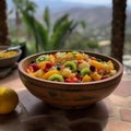 fruit salad in a large ceramic serving bowl