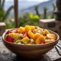 fruit salad in a large ceramic serving bowl