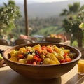 fruit salad in a large ceramic serving bowl