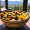 fruit salad in a large ceramic serving bowl