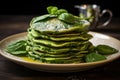 Satisfying Hot pancakes with green spinach. Generate Ai