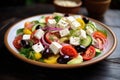 A satisfying plate of salad featuring a vibrant mix of cucumbers, tomatoes, olives, and feta cheese, A refreshing Greek salad with