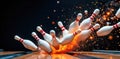 The satisfying split of bowling pins after a strike, captured in a moment of dramatic impact. A high speed capture of ten white Royalty Free Stock Photo