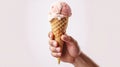 Satisfying Summer Treat, Handheld Milk Ice Cream on a Crispy Waffle Cone Held by a Mans Hand. Generative AI