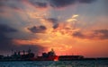 Silhouette large public harbor in sunset hour at sea of Thailand