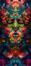 saturated colorful mad abstract background, random different shapes and objects, hallucinations of ancient shaman after
