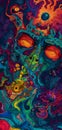 saturated colorful mad abstract background, random different shapes and objects, hallucinations of ancient shaman after