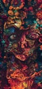 saturated colorful mad abstract background, random different shapes and objects, hallucinations of ancient shaman after