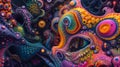 saturated colorful mad abstract background, random different shapes and objects, hallucinations of ancient shaman after