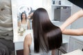 Saturated healthy shiny hair after keratin recovery. The concept of recovery structure.