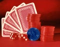 Playing cards, poker chips, dice, game, red blue Royalty Free Stock Photo