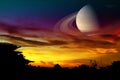 Saturn back on night cloud sunset sky ,concept Saturn near Earth