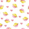 Saturn and heart watercolor seamless pattern