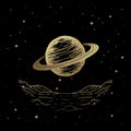 Saturn illuminates the night sky with its ring, illustration use engraving style