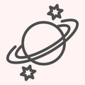 Saturn line icon. Planet with rings and stars around. Astronomy vector design concept, outline style pictogram on white Royalty Free Stock Photo