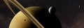 Saturn moon Enceladus in front of planet Saturn, rings, other moons and the Milky Way galaxy Royalty Free Stock Photo