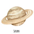 Saturn Planet of the Solar System watercolor isolated illustration on white background. Outer Space planet hand drawn Royalty Free Stock Photo