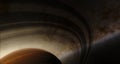 Saturn rings and stars. Sun rays and and a planet 3d illustration background Royalty Free Stock Photo