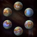 Saturn`s moon Titan, set of six at the galaxy stars background