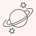 Saturn thin line icon. Planet with rings and stars around. Astronomy vector design concept, outline style pictogram on Royalty Free Stock Photo
