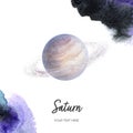 Saturn on white background with watercolor spine. Hand drawn watercolor illustration.