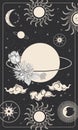 Saturn and white flowers. Tarot card, astrological illustration. Sun, moon and planets on a black background