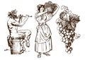 Satyr sitting on the barrel, beautiful peasant woman carrying basket and bunch of grapes. Design elements for wine list