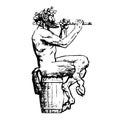 Satyr sitting on wooden barrel and playing flute. Design elements for wine list, menu card, tattoo, Greece or Italy Royalty Free Stock Photo