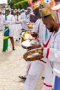 Cultural demonstration called Encontro de Chegancas in Saubara, Bahia. Members of a Marujada wear white clothes with colors and