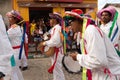 Cultural demonstration called Encontro de Chegancas in Saubara, Bahia. Members of a Marujada wear white clothes with colors and