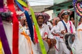 Cultural demonstration called Encontro de Chegancas in Saubara, Bahia. Members of a Marujada wear white clothes with colors and