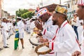 Cultural demonstration called Encontro de Chegancas in Saubara, Bahia. Members of a Marujada wear white clothes with colors and