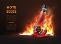 Sauce ad. Realistic 3D glass bottle with hot spicy chilli sauce, advertising background with fire and pepper. Vector