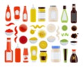 Sauce in bottle or plate bowl isolated icon set Royalty Free Stock Photo