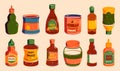 Sauce bottles. Cartoon ketchup, mustard and mayonnaise bottles with caps and labels for restaurant and fast food