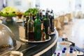 Sauce, bottles and condiment in restaurant for food with hospitality industry for dining. Catering, cuisine and plate of Royalty Free Stock Photo