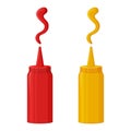 Sauce icon, ketchup and mustard. Hot spice sauce packed in plastic bottle. Vector