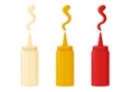 Sauce icon, mayonnaise, mustard and ketchup. Hot spice sauce packed in plastic bottle. Vector