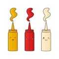 Sauce kawaii, vector funny character bottle. Mustard, ketchup, mayonnaise. Food illustration Royalty Free Stock Photo